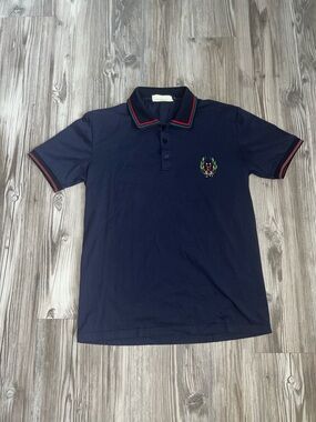 Gucci Navy Polo with Red and Green Stripe Collar